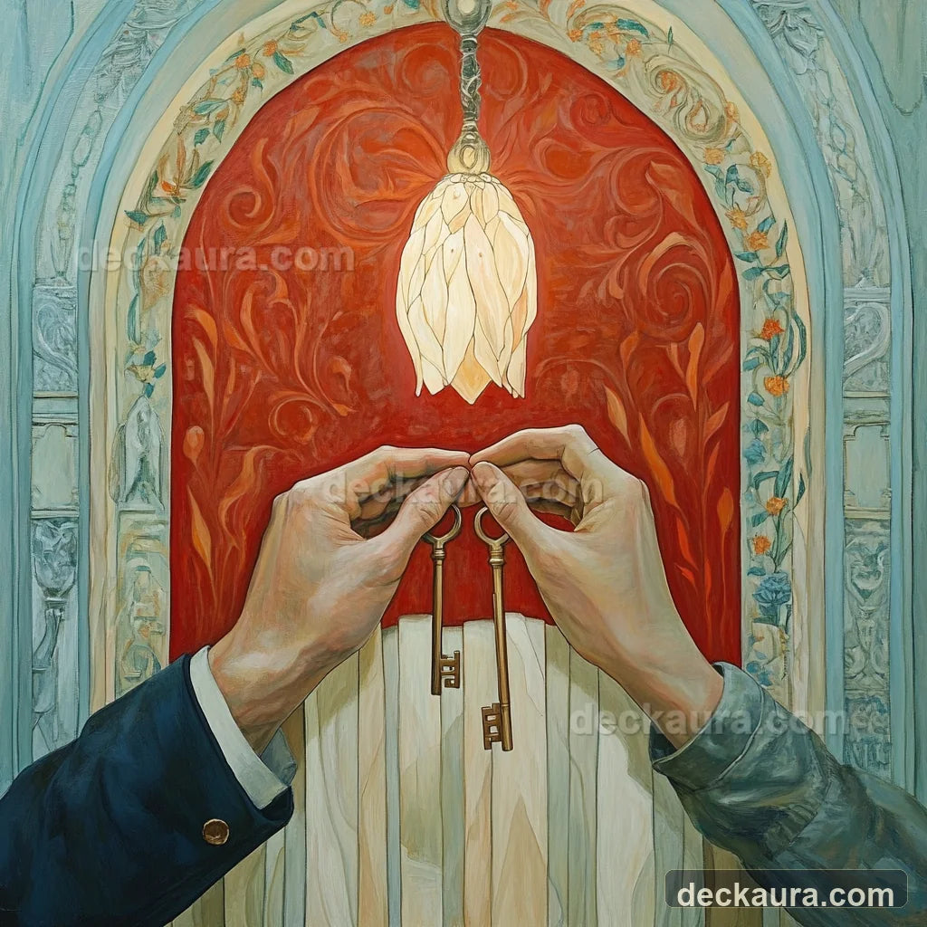 Two people join hands around a pair of golden keys beneath a luminous ceremonial arch