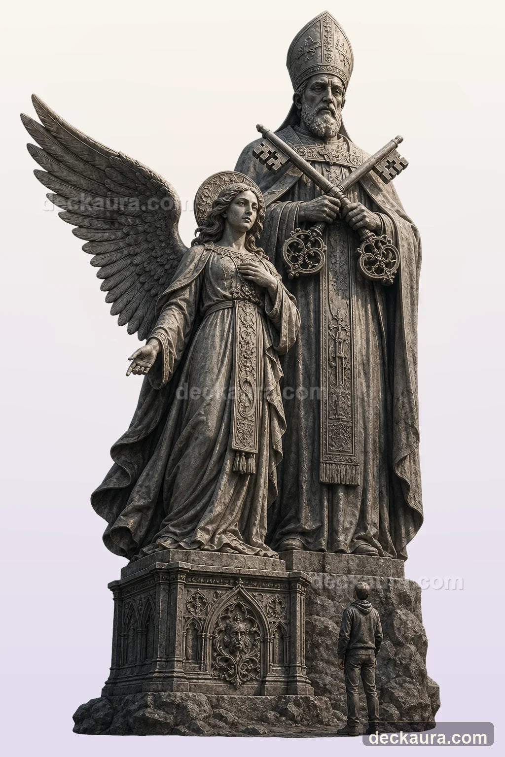 A viewer stands below a monumental stone Hierophant and angel holding two crossed keys