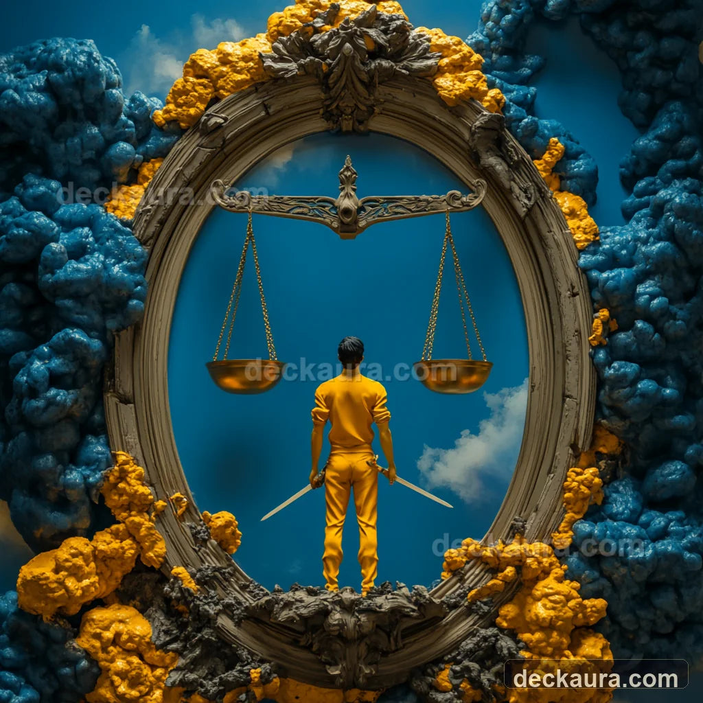 A poised figure faces perfectly balanced golden scales inside a luminous architectural mirror