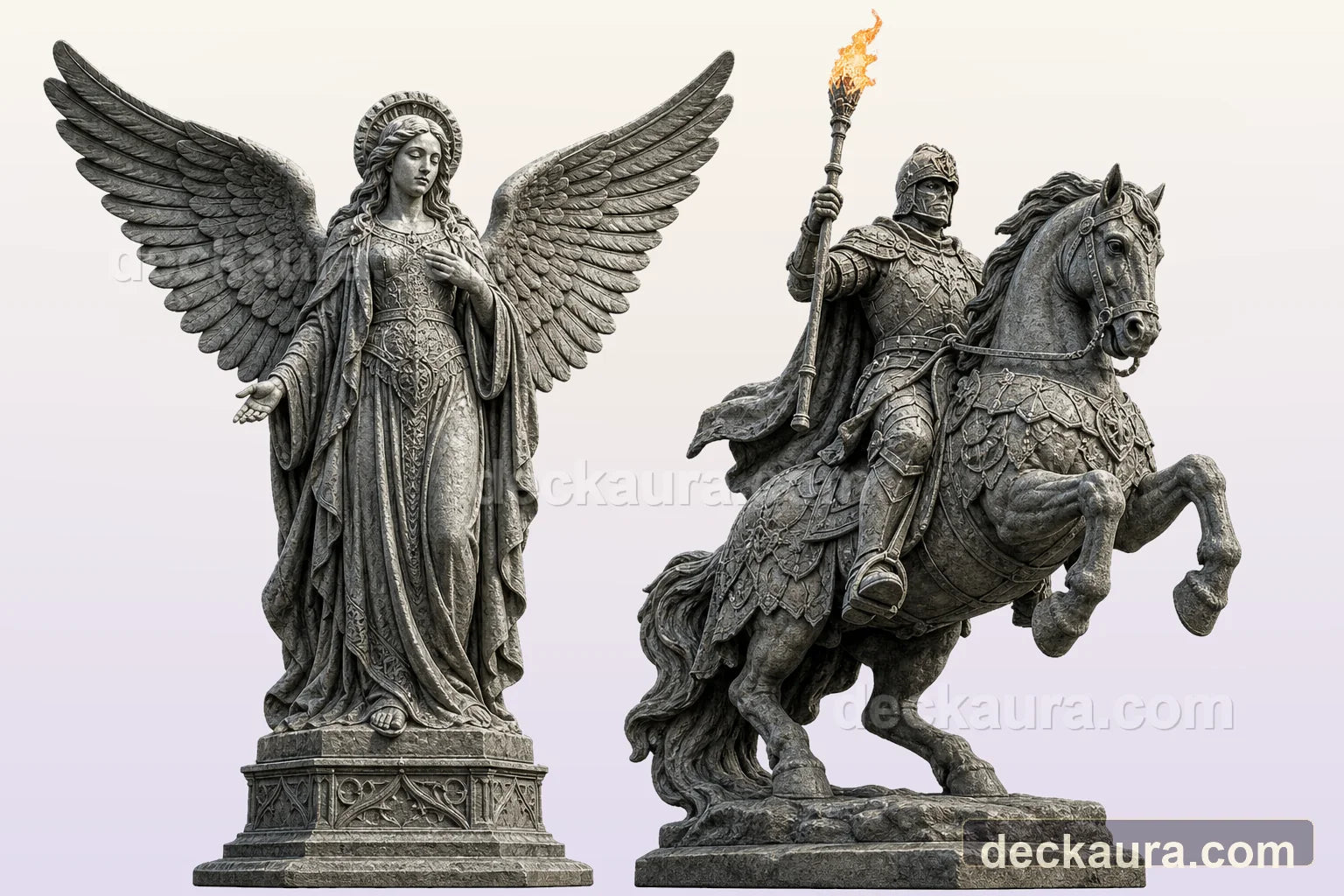 A stone Knight of Wands raises a flaming staff on a rearing horse beside a winged guardian