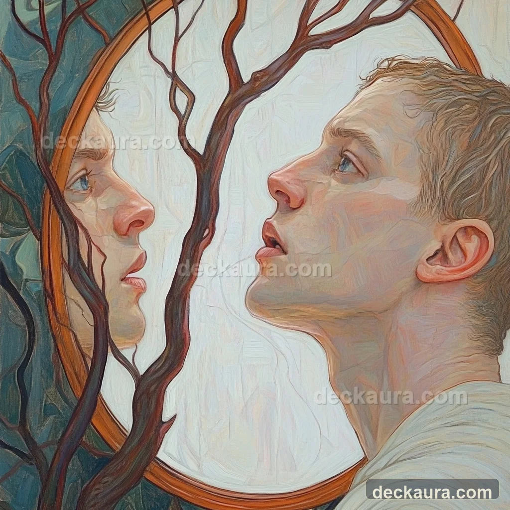 A person studies their reflection in a round mirror divided by branching tree limbs