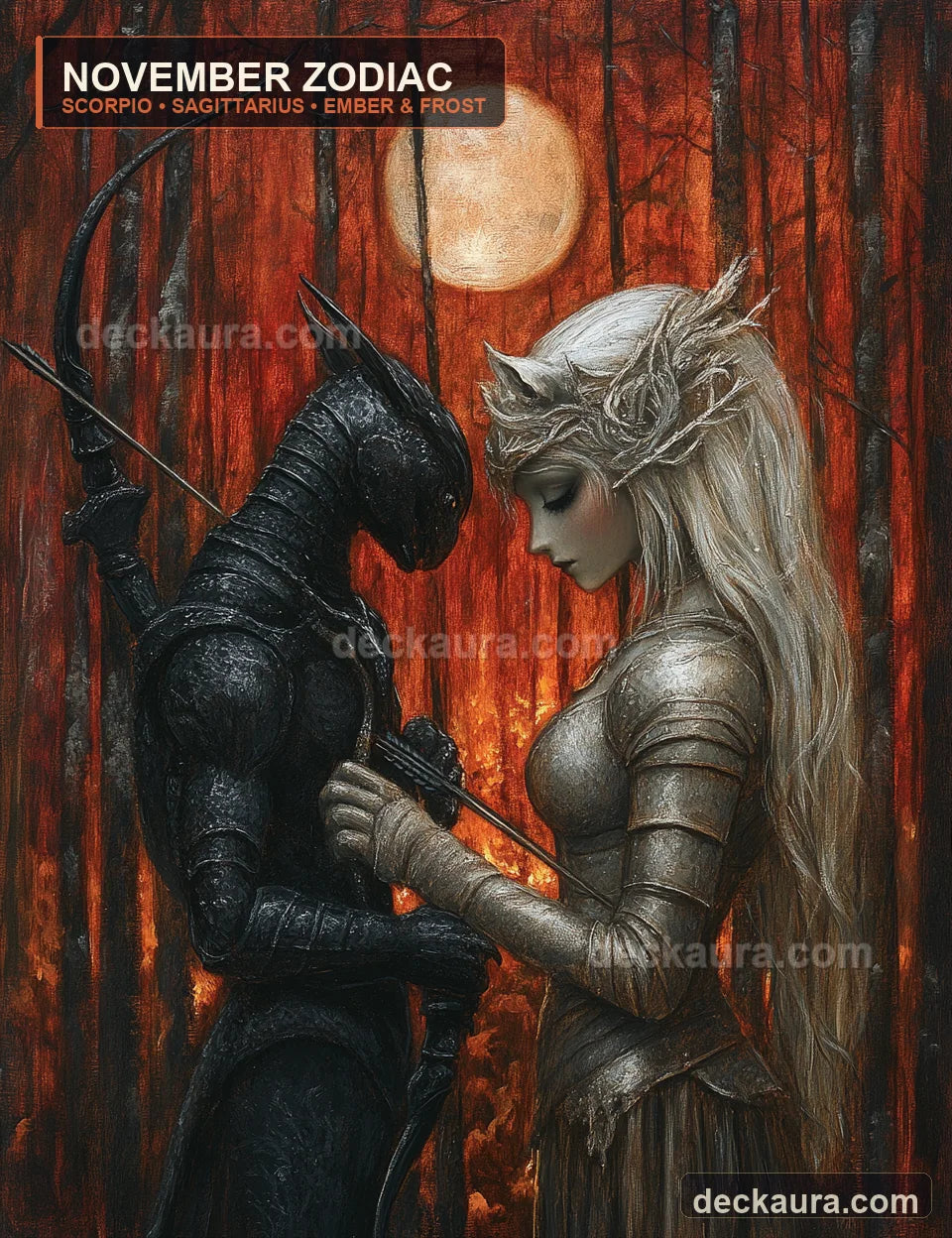 A black-armored scorpion warrior and silver archer meet in an ember forest beneath a frost moon