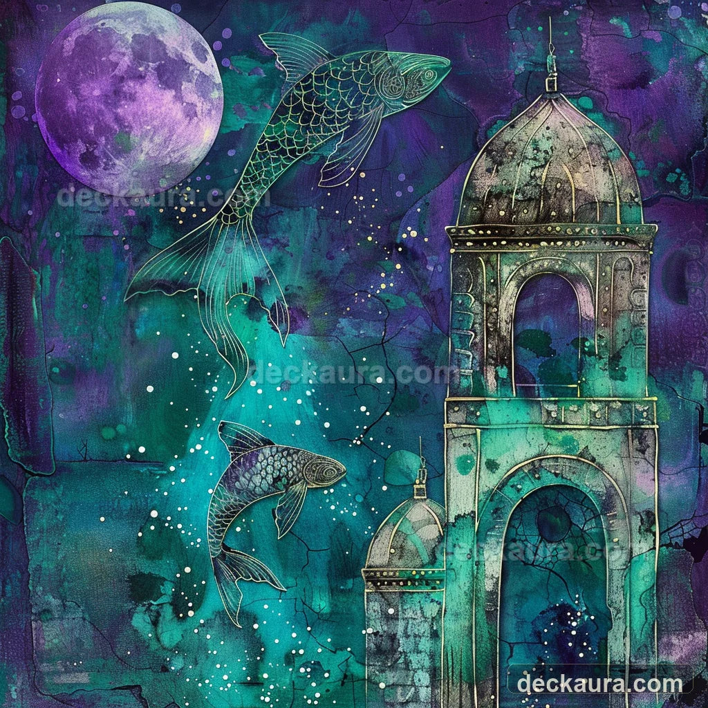 Two luminous fish swim around a submerged moon temple in a purple and teal galaxy ocean