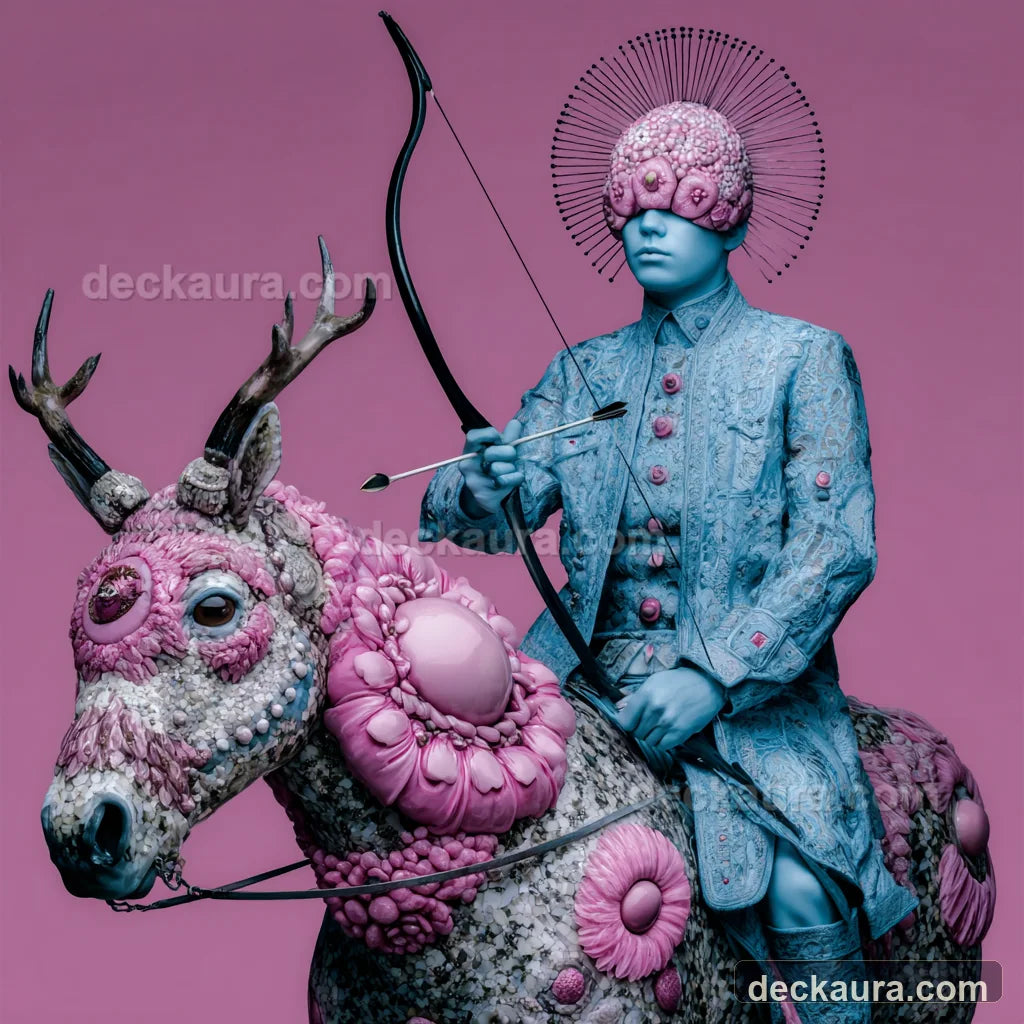 A blue celestial archer riding a jewel-covered steed for Sagittarius in the 12th house