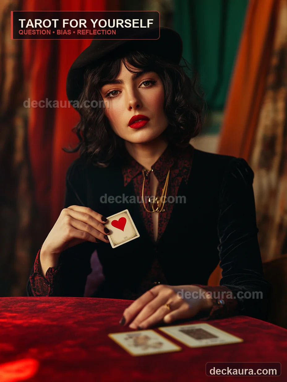 A cinematic tarot reader holds a heart card above a red velvet table during a private reading