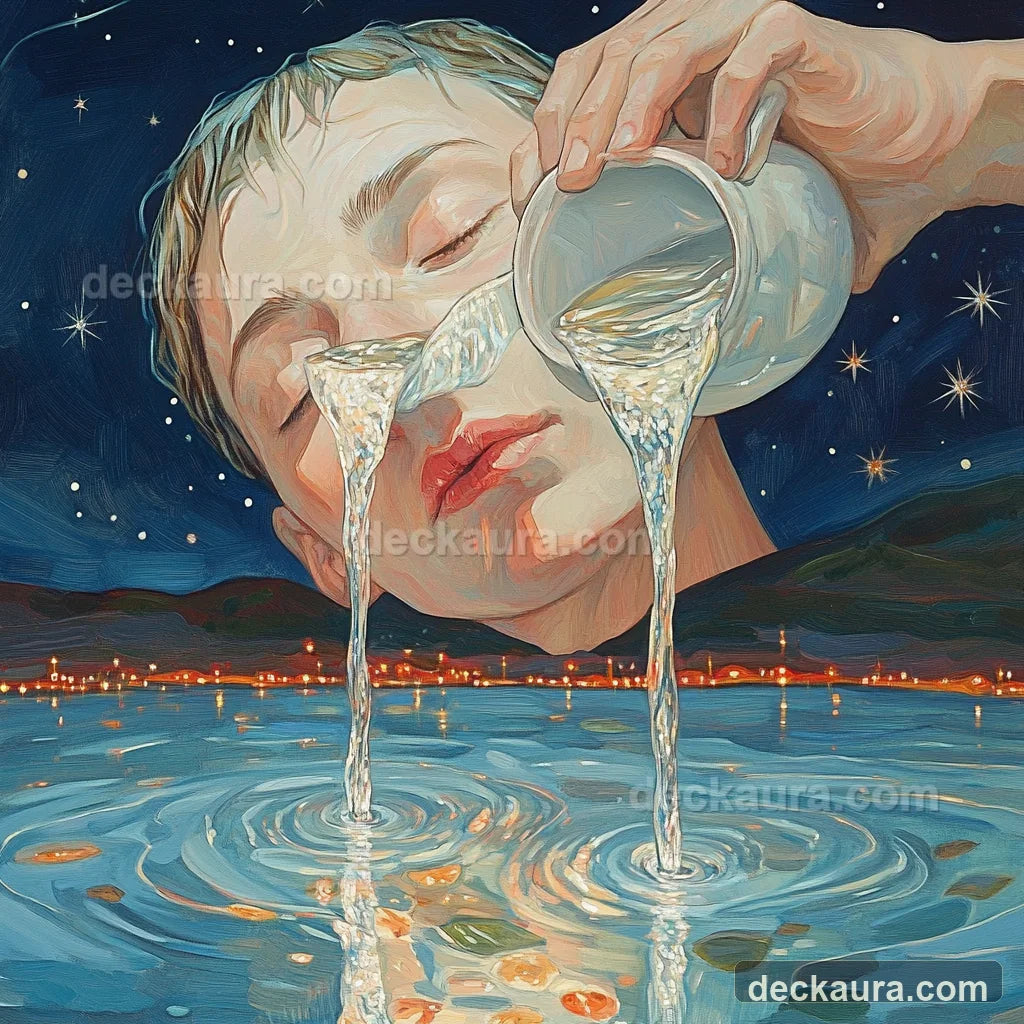 A luminous face pours two clear streams into a reflective lake beneath a field of bright stars