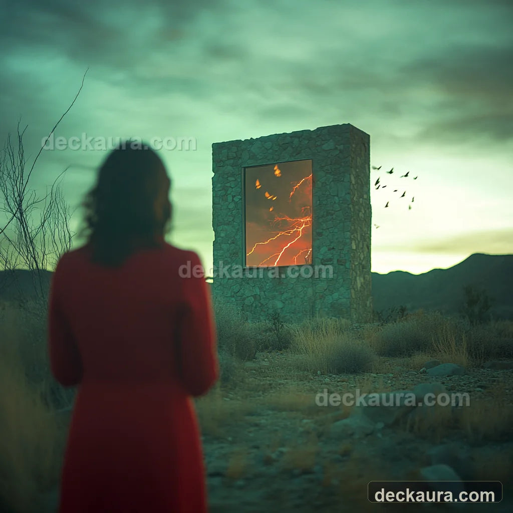 A person in red faces a stone tower whose glowing window contains lightning and escaping birds