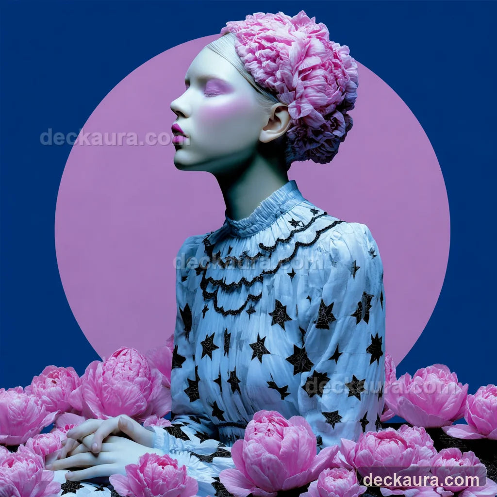 An introspective Virgo maiden in a star-patterned dress sits among pink flowers before a hidden moon