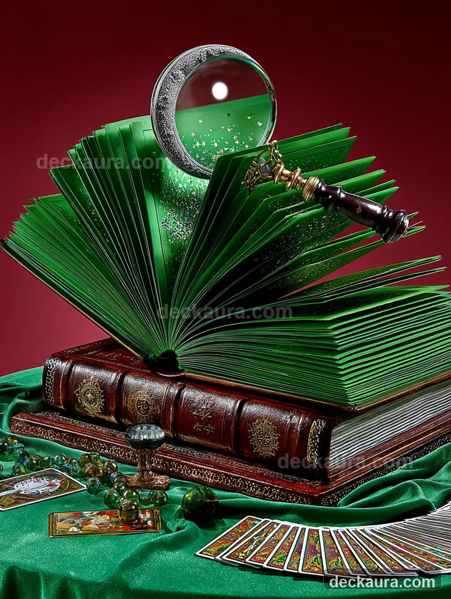 An open celestial tarot reference book with a magnifying glass and cards