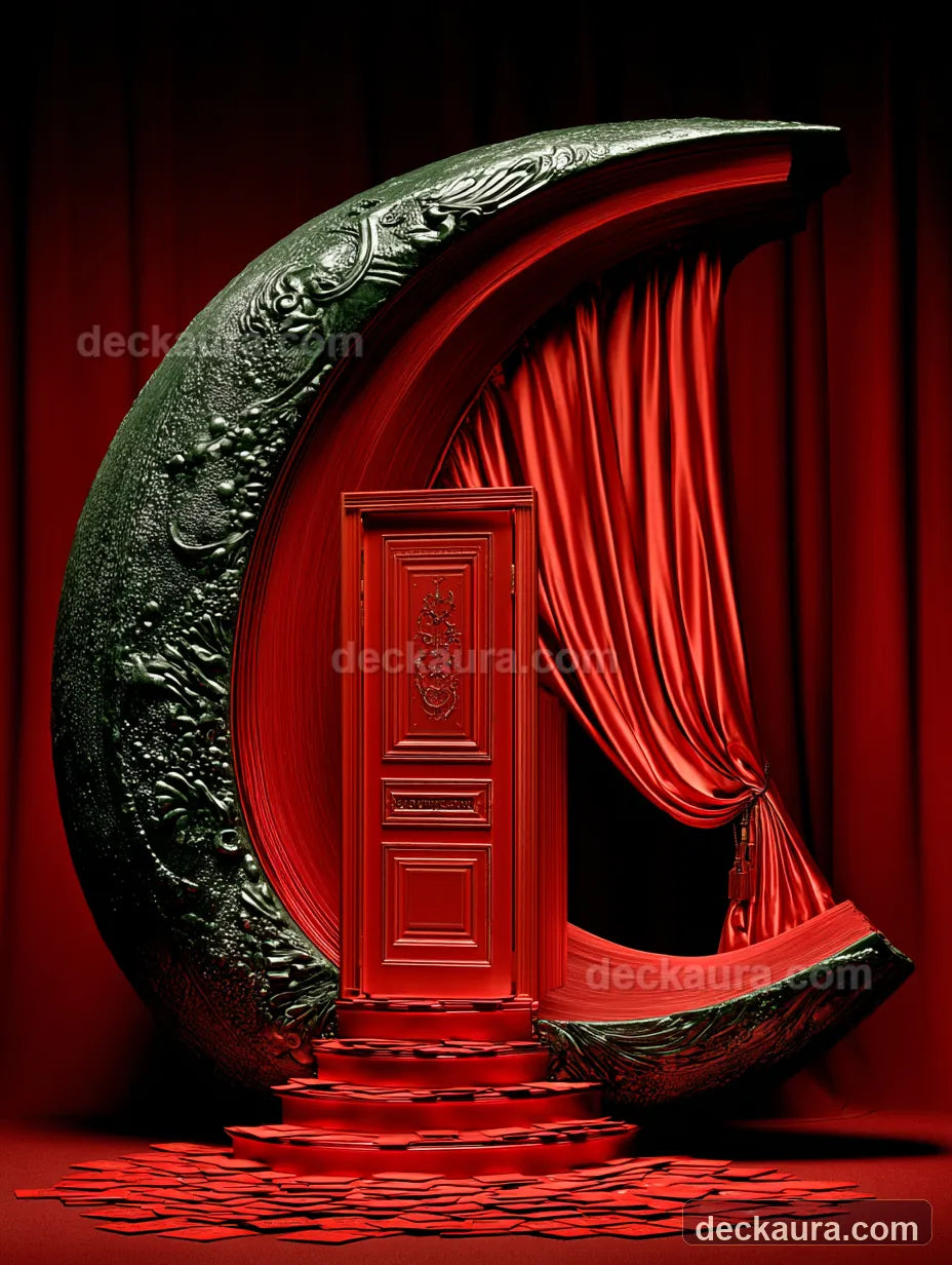A gilded crescent doorway representing access to the Deckaura Reading Club