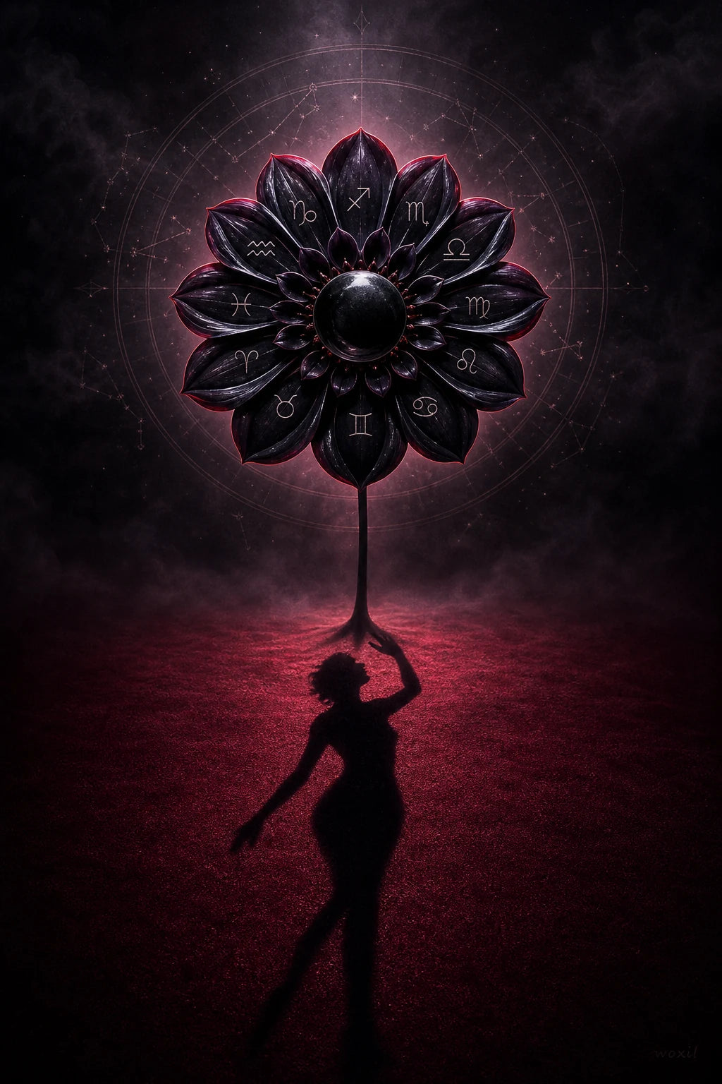 A black twelve-petal zodiac flower casting the shadow of an untamed figure beneath a dark moon
