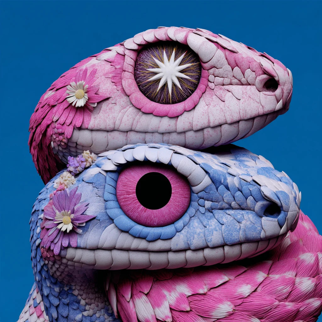 Two intertwined celestial serpents with a radiant star eye and a dark moon eye representing the lunar nodes