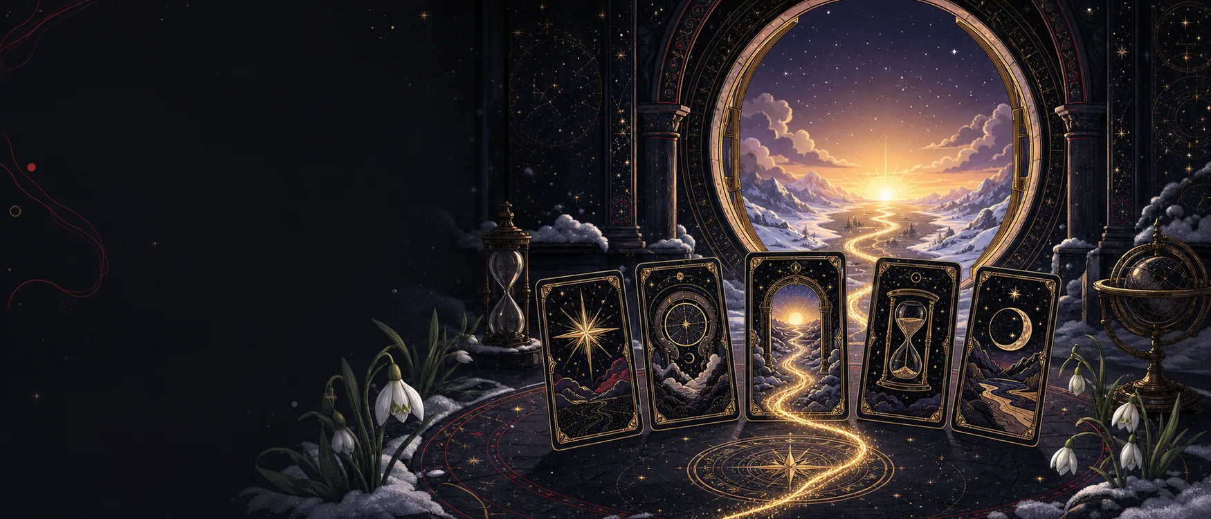 Five celestial tarot cards before a golden doorway opening from a snowy midnight into a New Year dawn