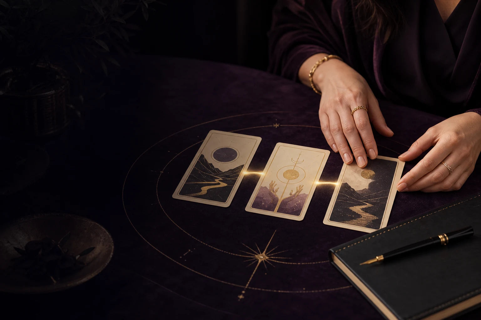 Three tarot cards connected by a warm golden thread on a dark plum reading table