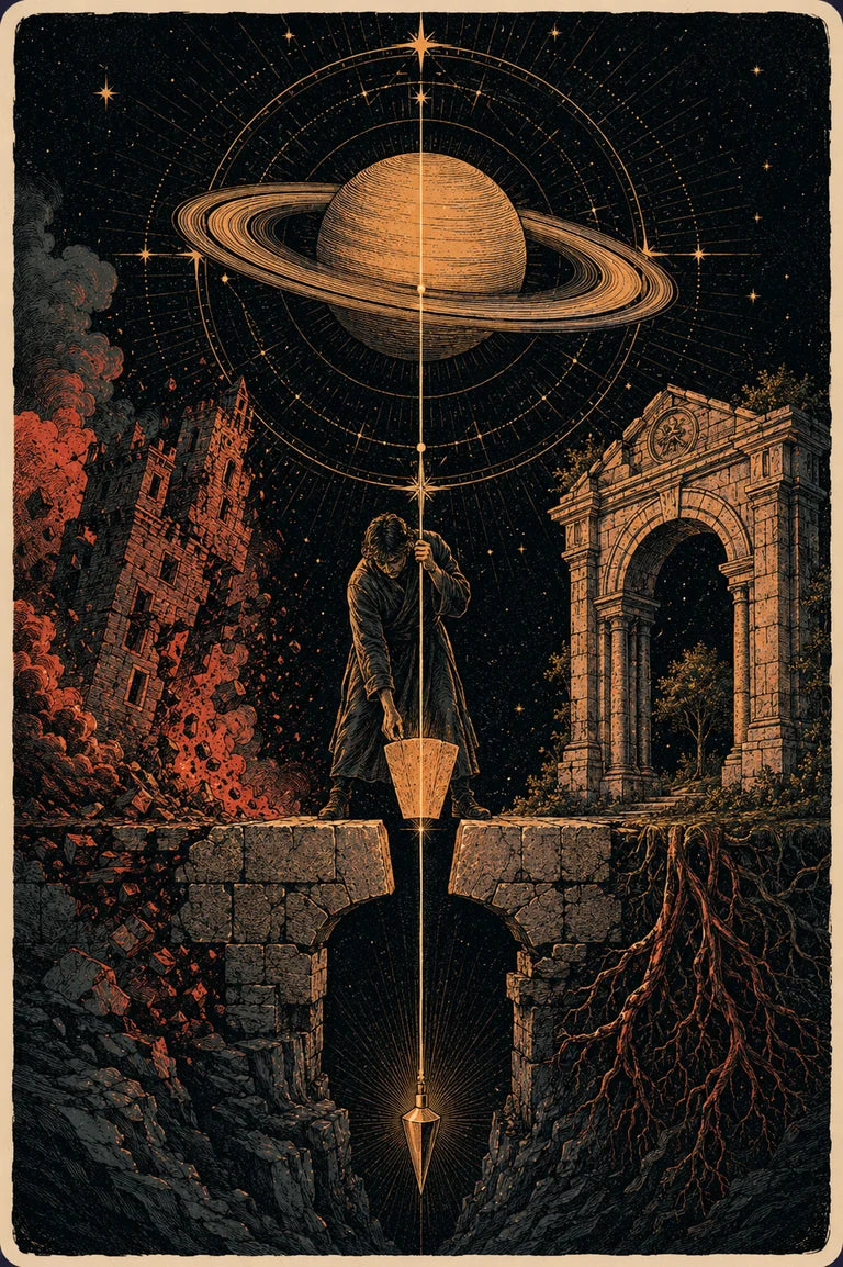 A figure rebuilding a bridge beneath Saturn, symbolizing stronger foundations during a Saturn Return