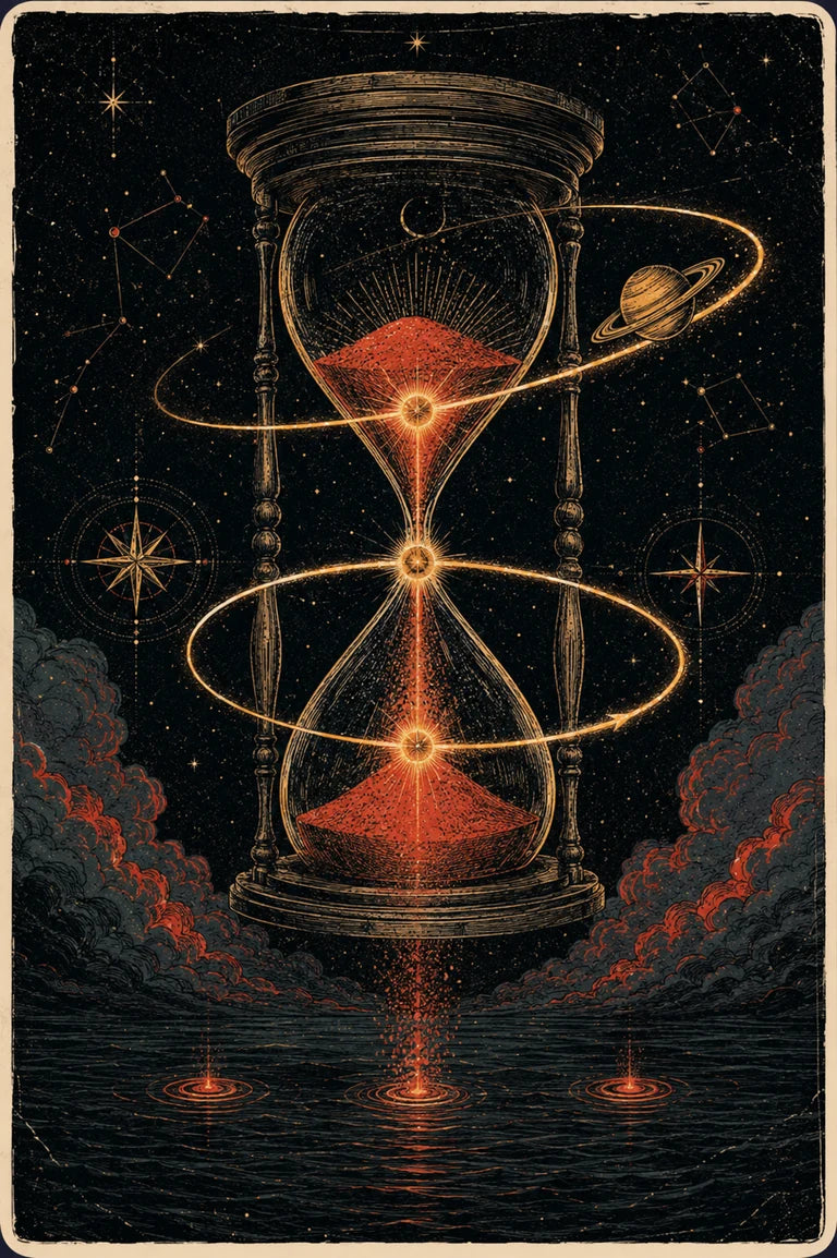 An hourglass with three Saturn crossings representing the retrograde passes of a Saturn Return