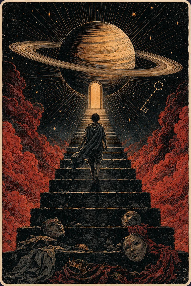 A person climbing a staircase toward Saturn, symbolizing the threshold of a Saturn Return