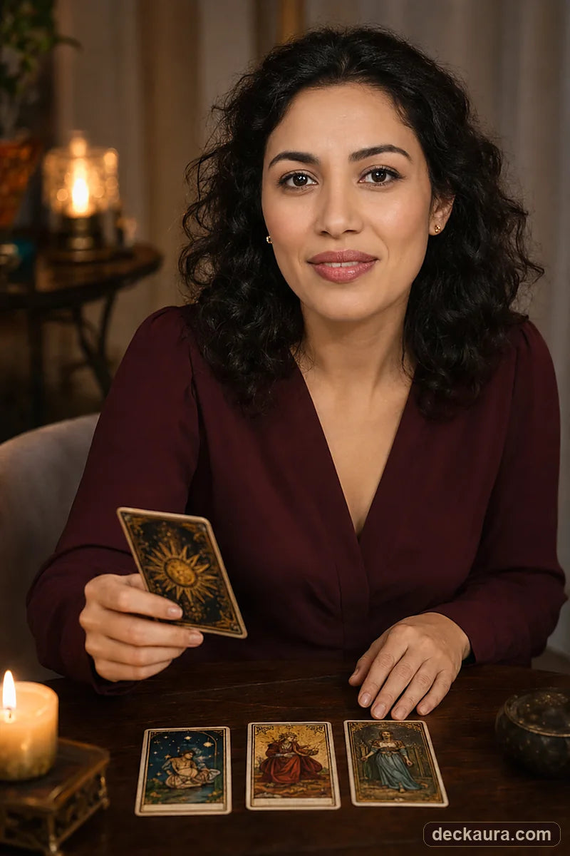Selin Aura, Deckaura founder and tarot reading guide, at her reading table