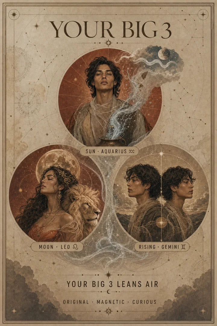Example Big Three astrology card showing an Aquarius Sun, Leo Moon and Gemini Rising