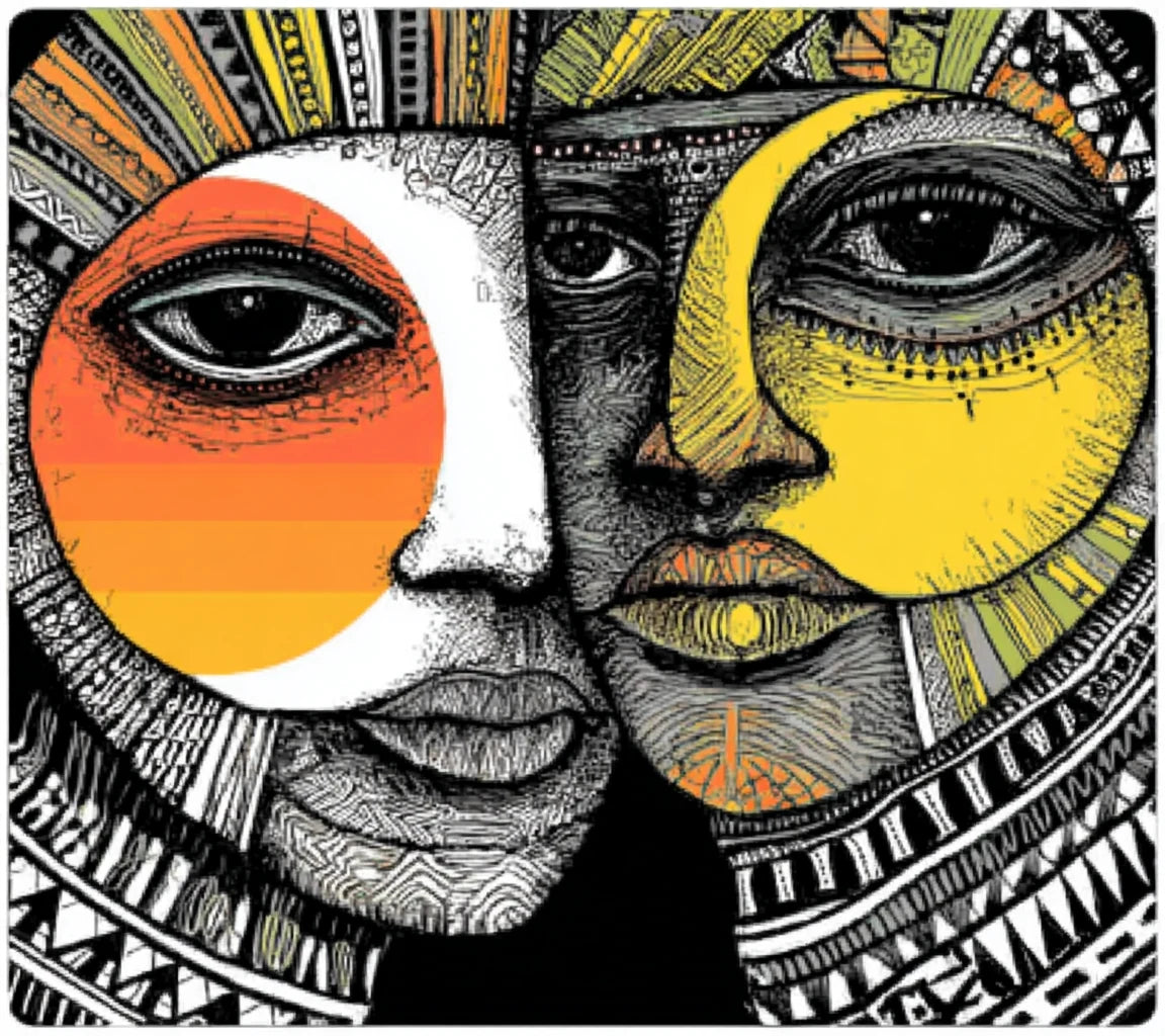 Two interlocking black ink faces framed by orange sun and yellow moon circles in a geometric synastry composition