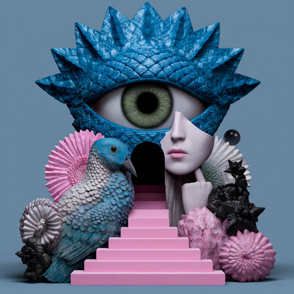 A surreal oracle figure with a branching crown suggesting paths of thought