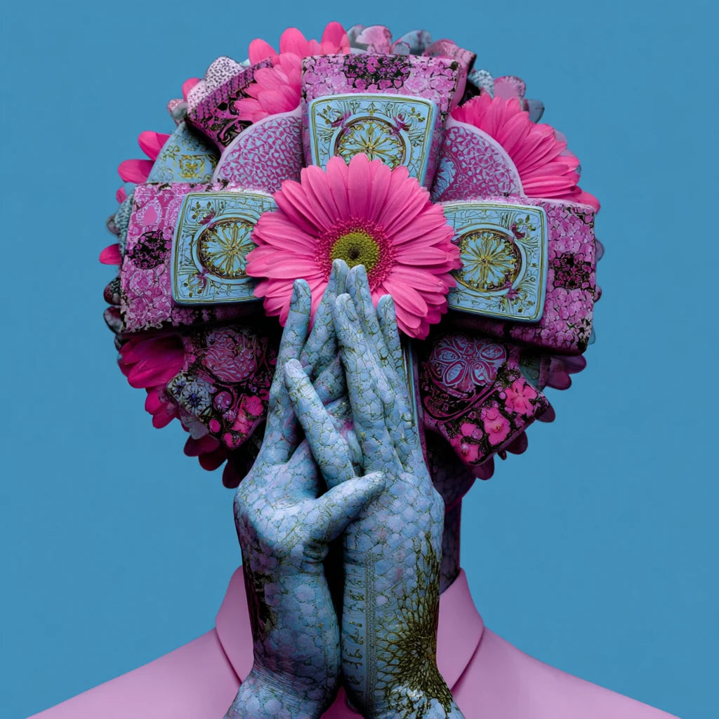 A surreal ritual figure surrounded by an ornate arrangement of tarot cards