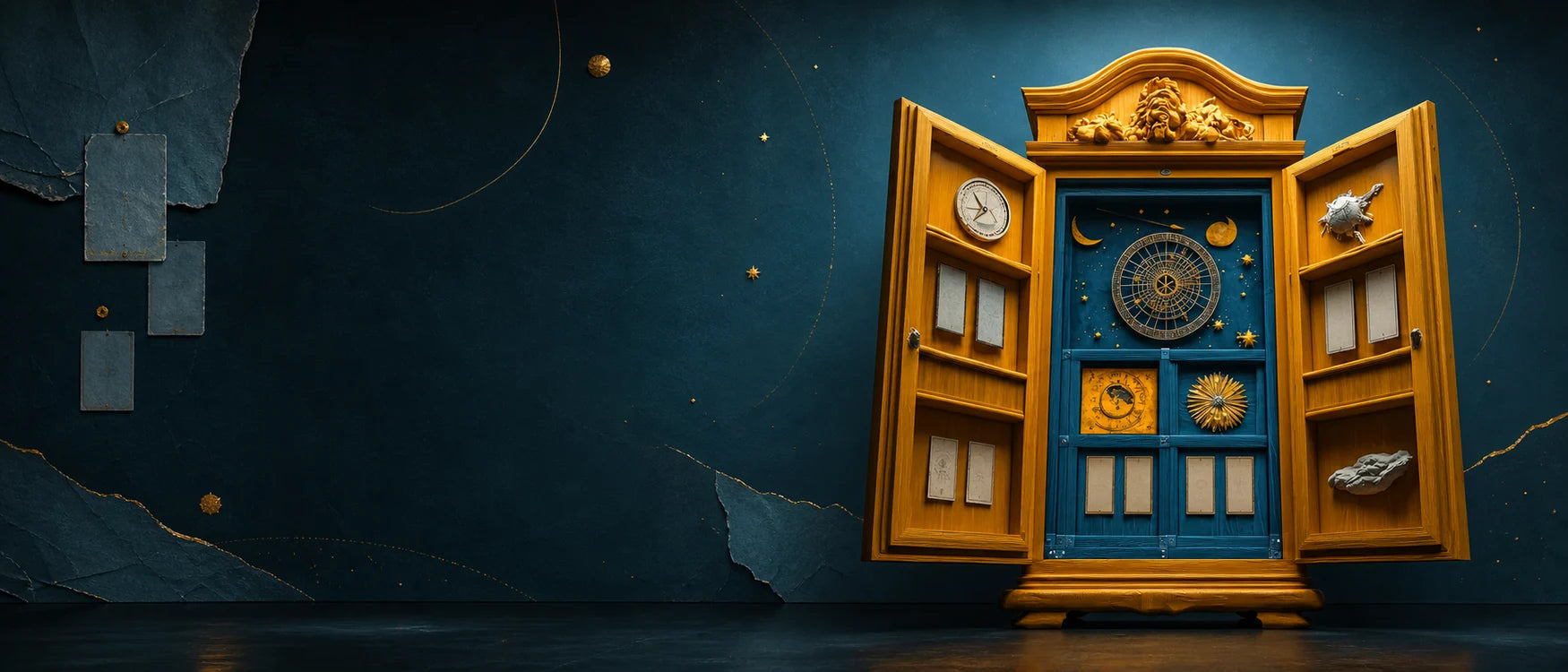 A celestial discovery cabinet connecting tarot cards, an astrolabe, moon phases, runes and compatibility constellations
