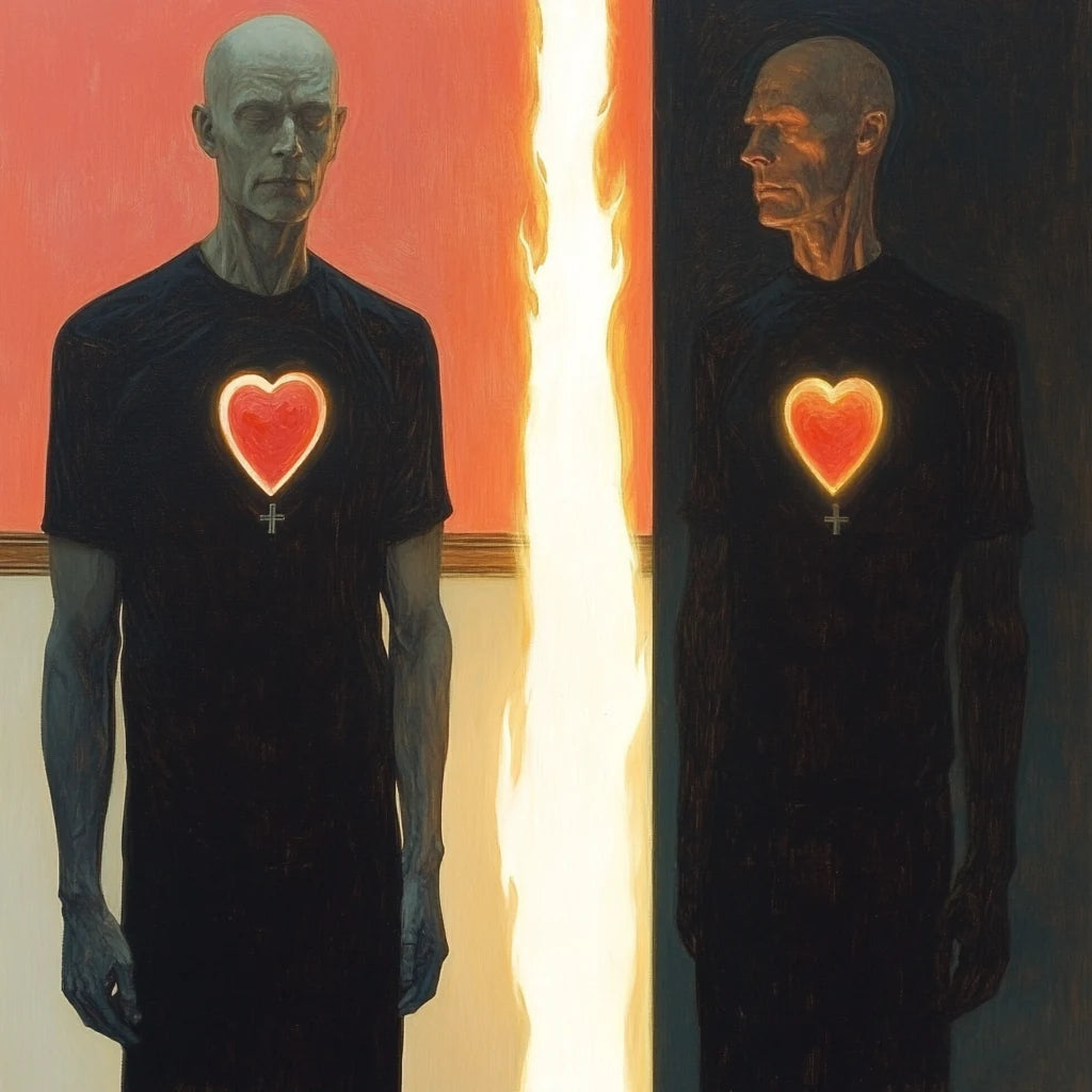 Two mirrored figures with luminous hearts separated by a single white flame