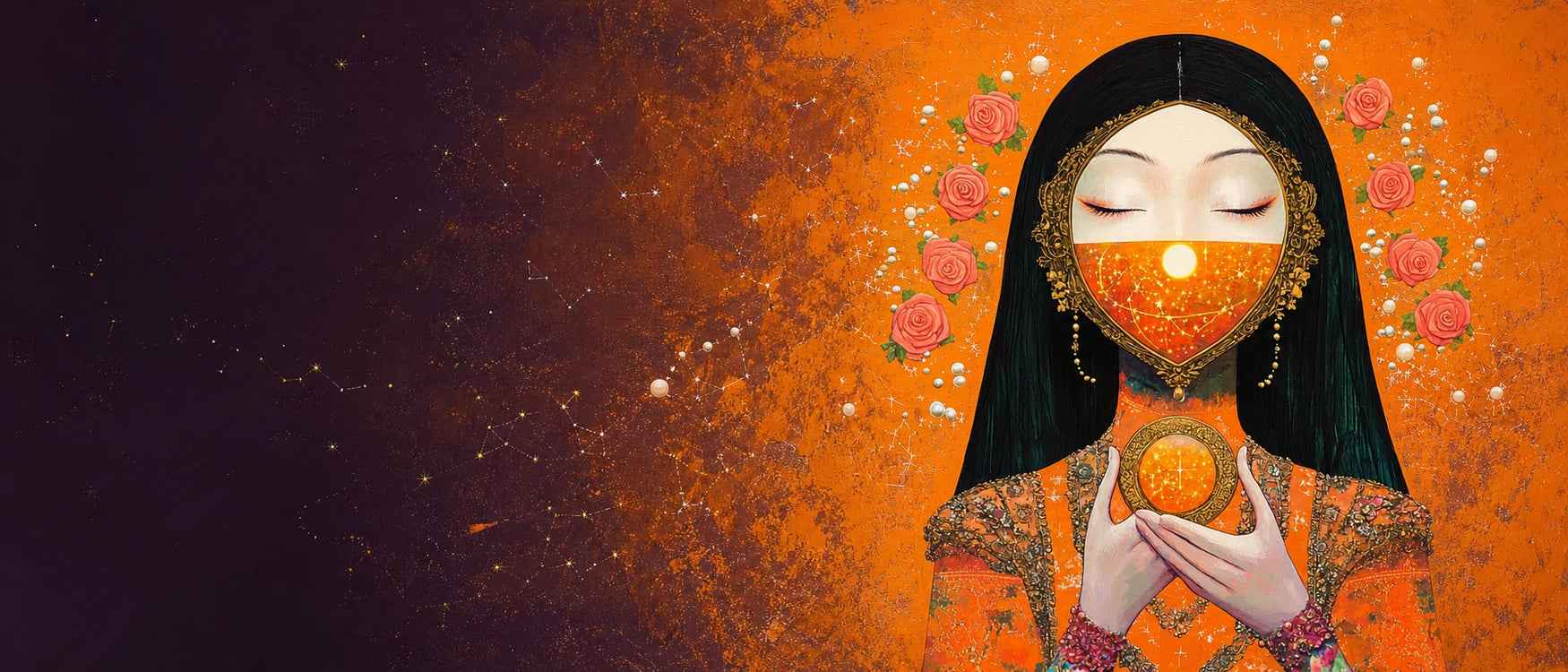 A celestial Venus oracle surrounded by roses, pearls and zodiac constellations