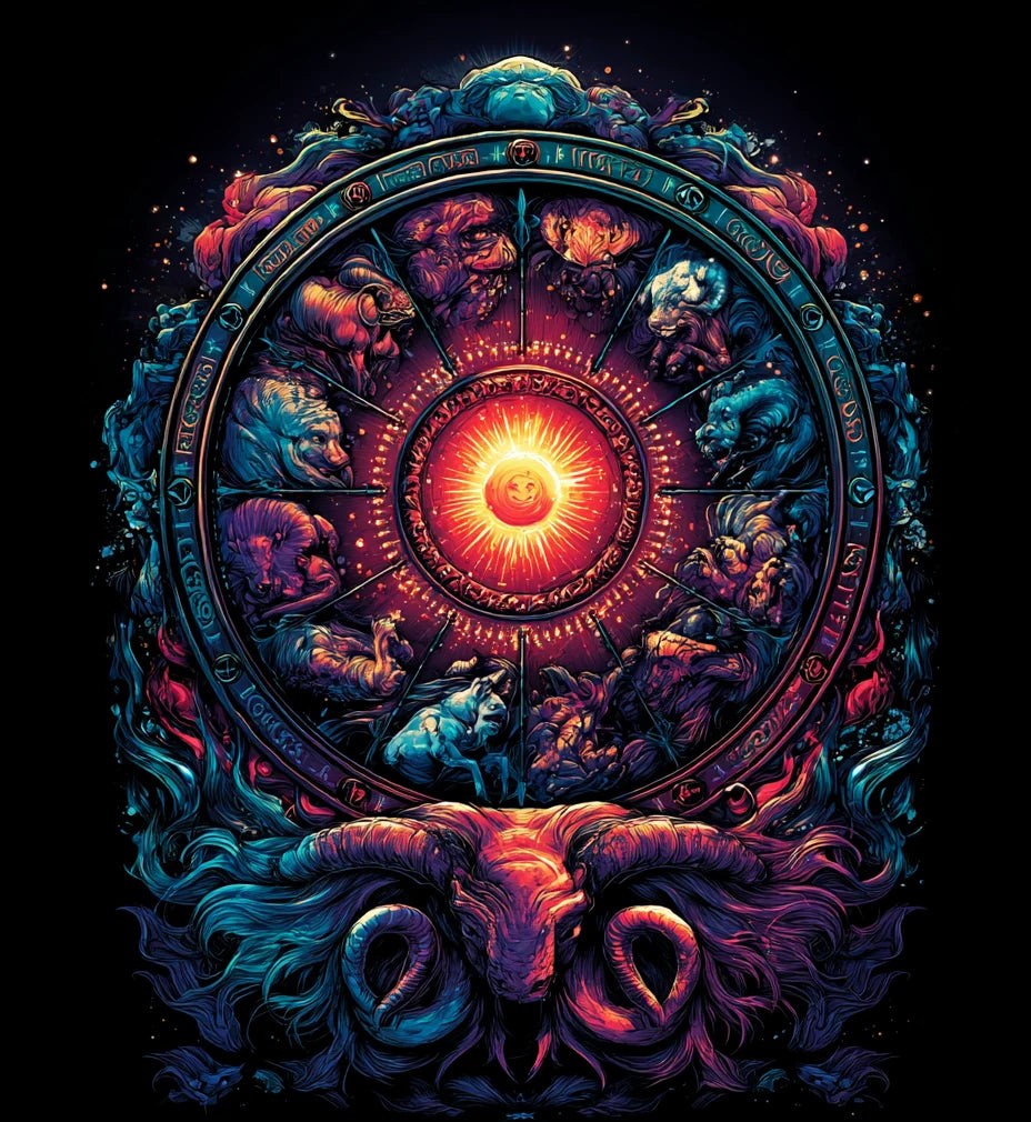 A radiant cosmic wheel depicting all twelve zodiac archetypes around a glowing sun
