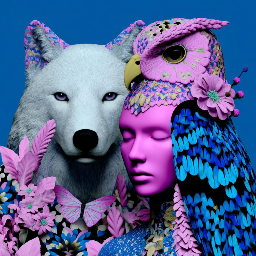 A surreal white wolf and floral owl representing spirit animal wisdom