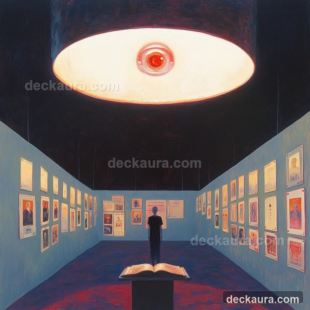 A surreal archive displaying tarot cards around a solitary reader beneath an all-seeing light