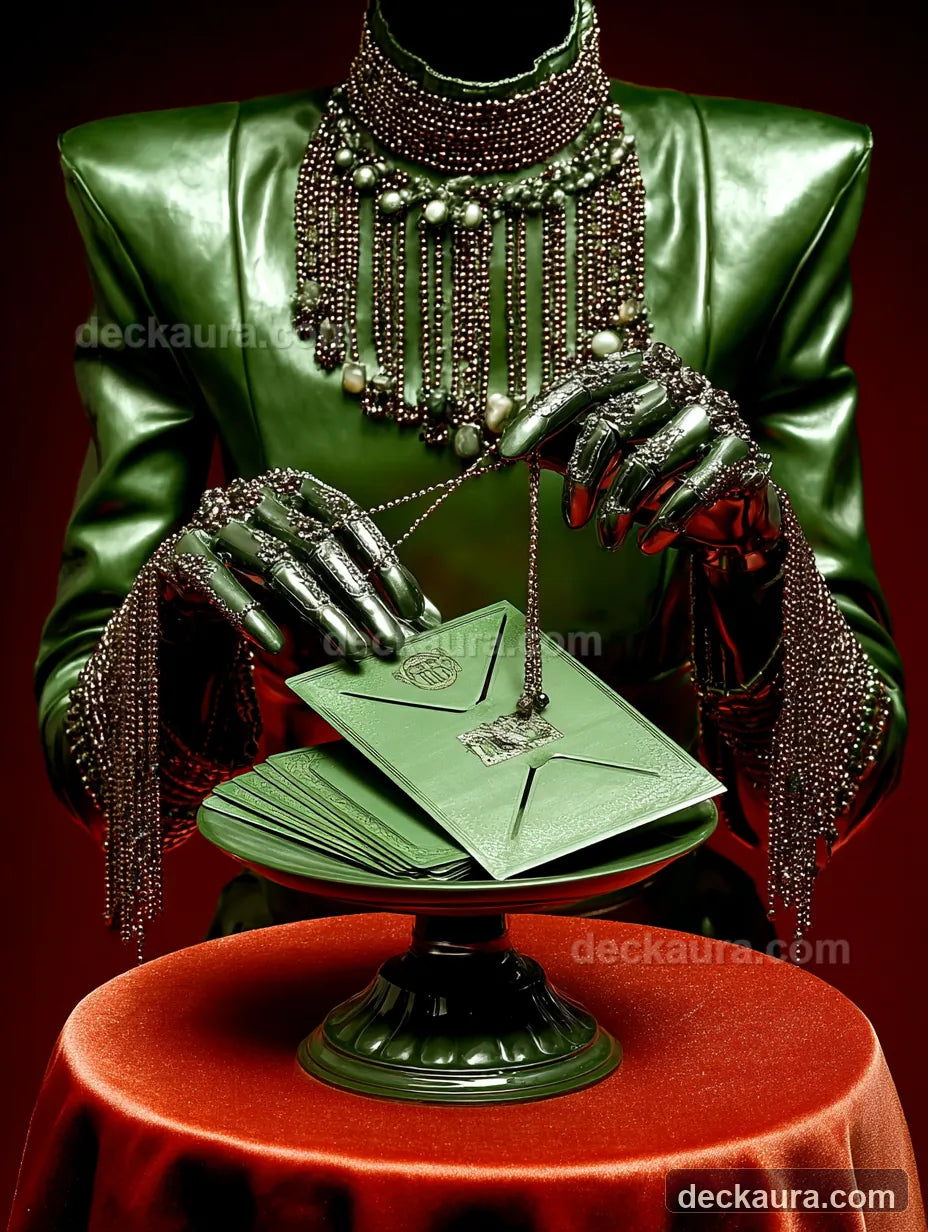 Jeweled hands tying a question letter for a personalized tarot reading
