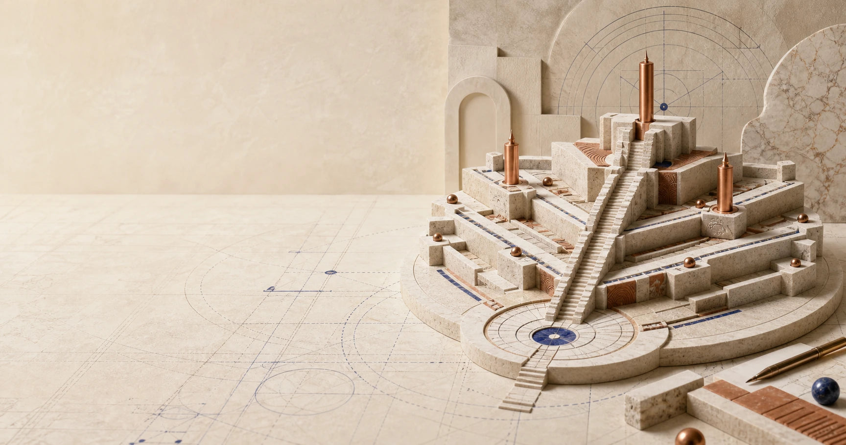 Architectural pathways converging toward a central staircase on a numerology blueprint