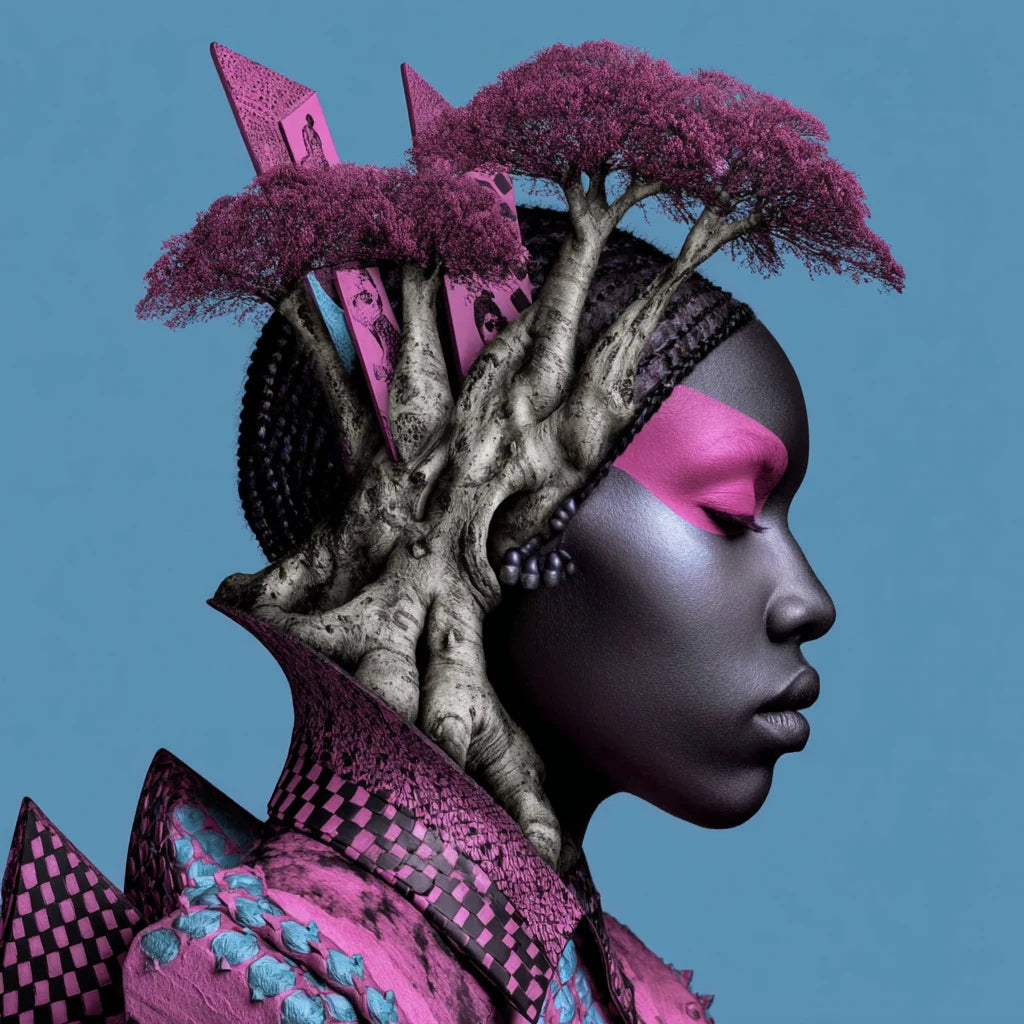A Black oracle figure whose crown becomes an ancient flowering tree