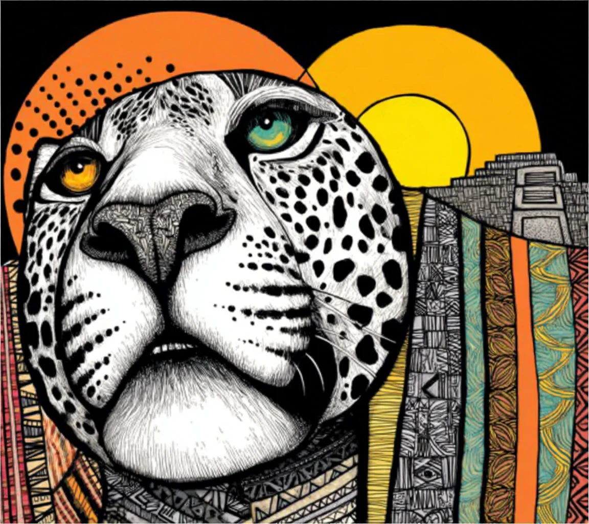 A geometric Maya jaguar guardian beside a stepped temple and radiant suns