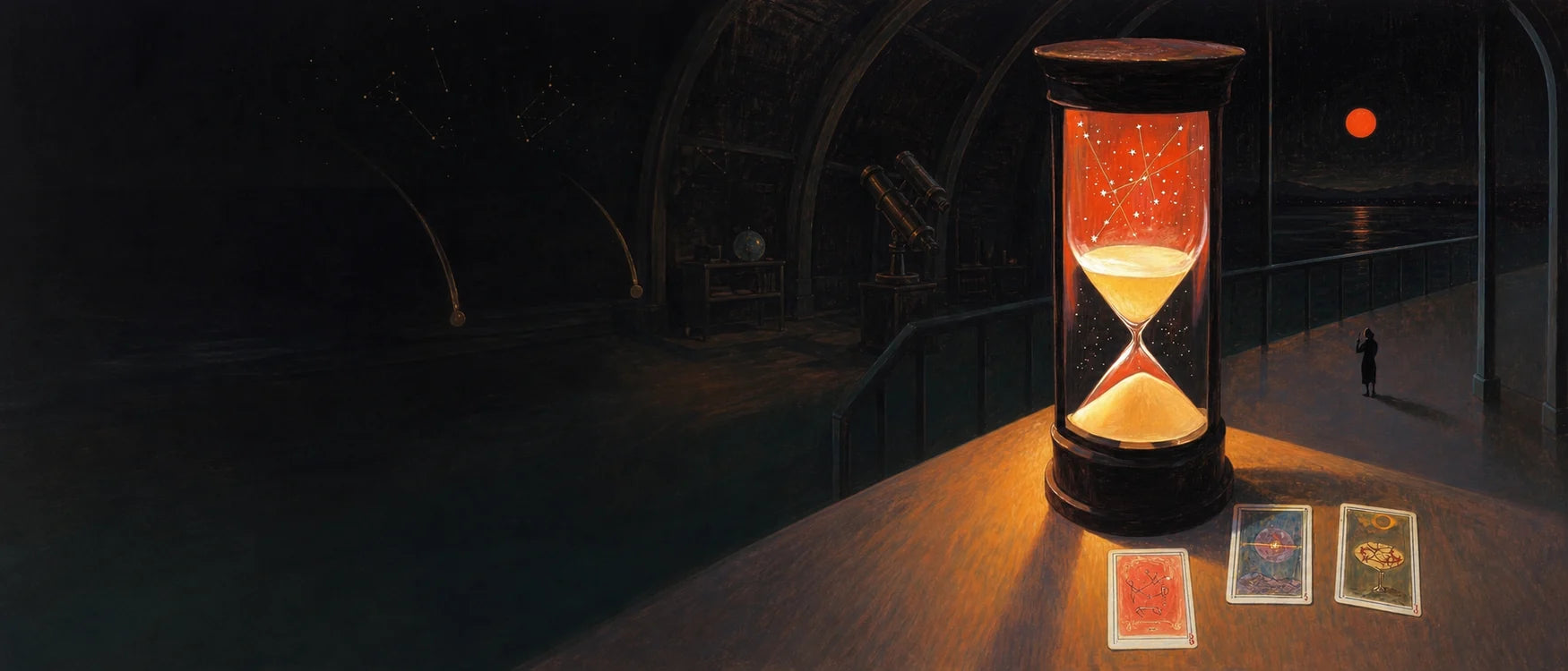A fractured celestial hourglass, luminous pendulum and three tarot cards suspended inside a shifting observatory