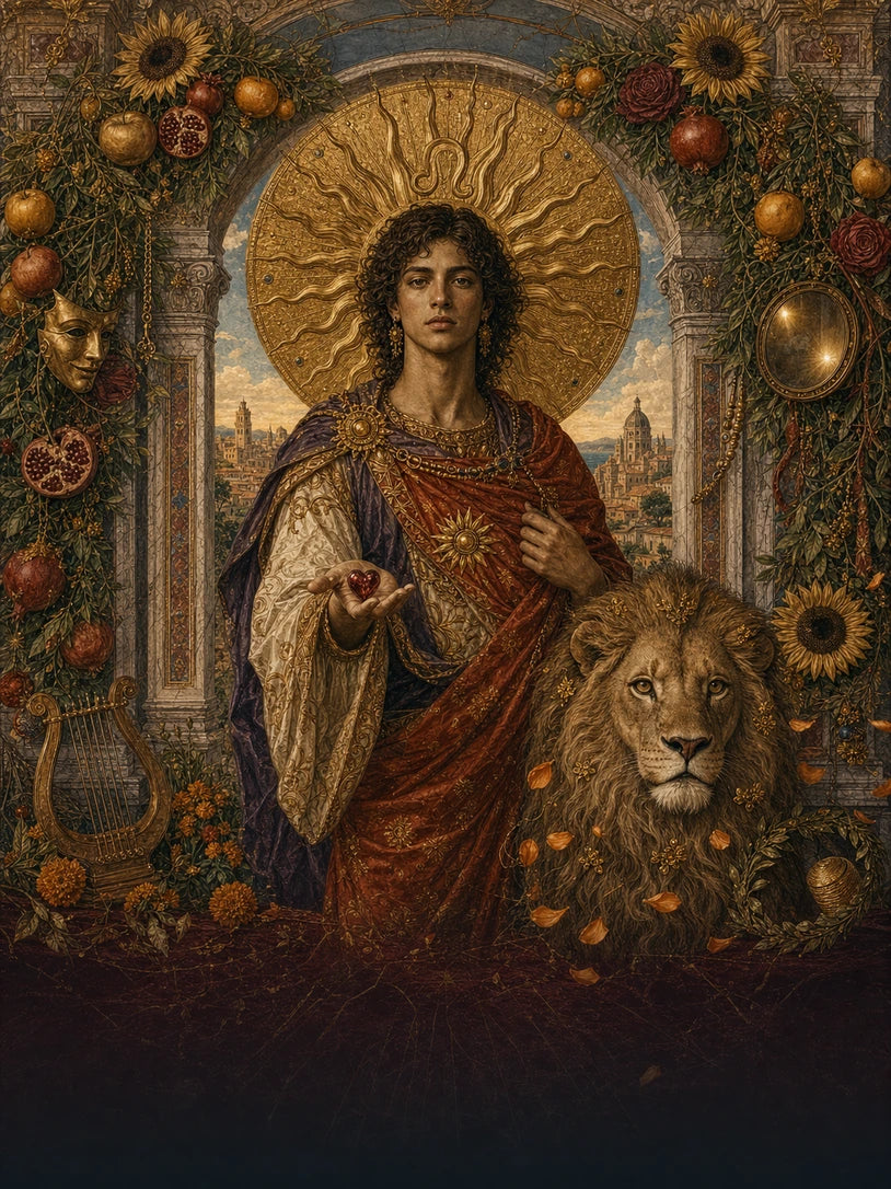 Leo daily horoscope zodiac illustration with a golden lion and solar halo