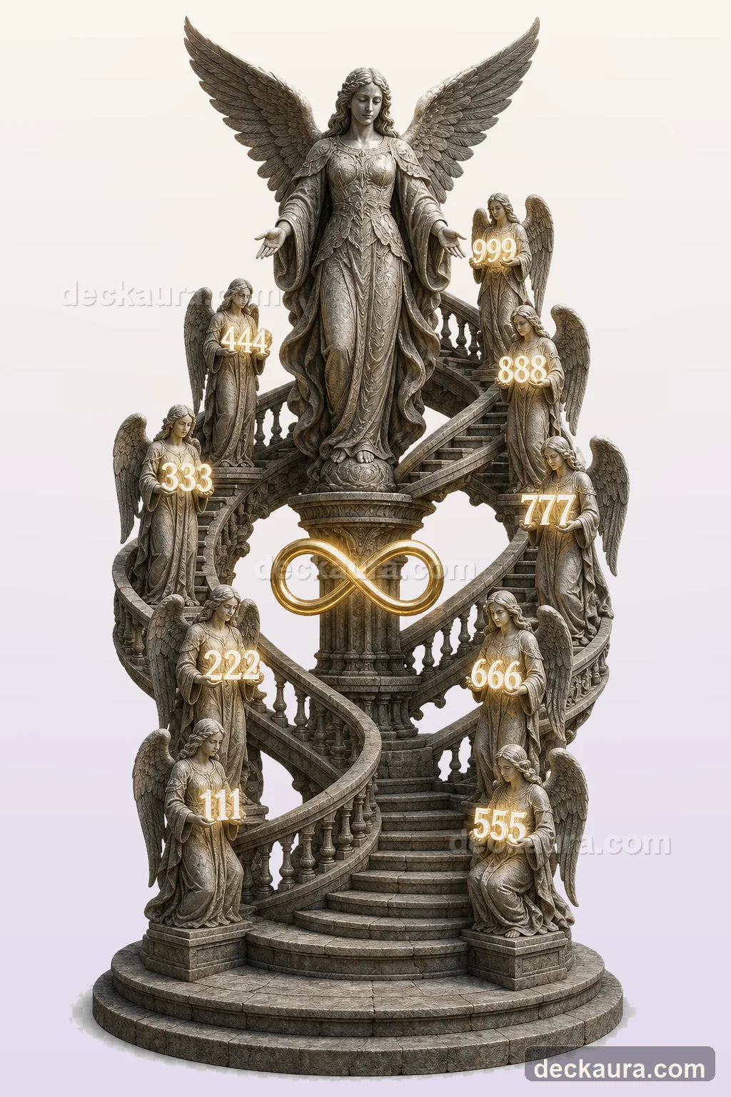 Nine stone angels hold repeating number sequences around an infinite spiral staircase