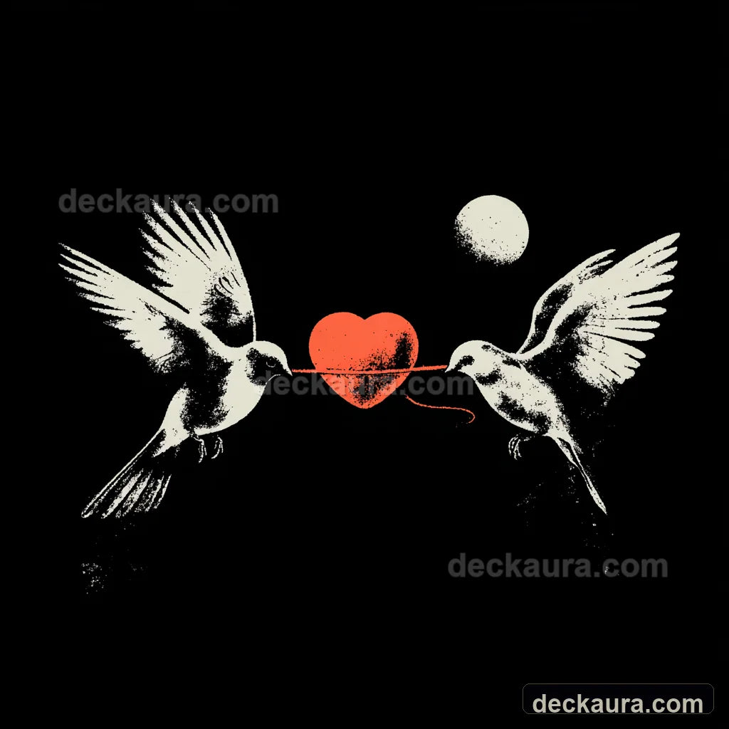 Two white hummingbirds meet across a red heart joined by one continuous red thread beneath the moon