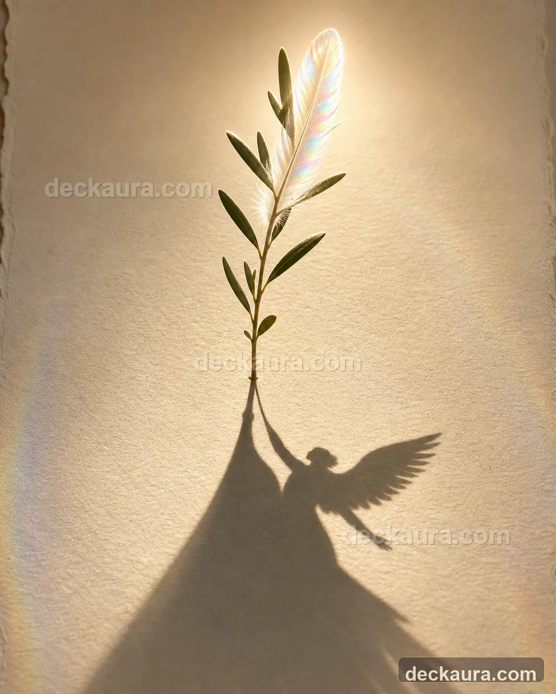 An iridescent white feather entwined with an olive sprig casts the shadow of a guardian angel