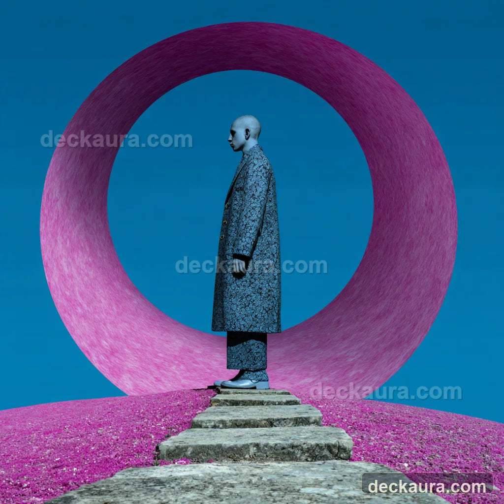 A solitary traveler climbs a stone path through an immense pink circular portal on a vivid blue field
