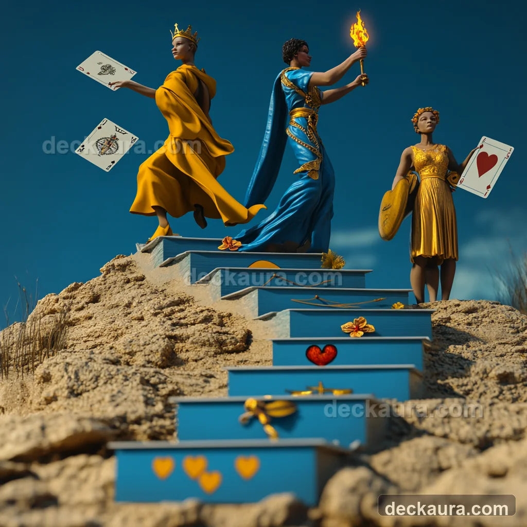 Three regal tarot figures ascend a staircase of symbolic cards, hearts, flowers and a burning torch