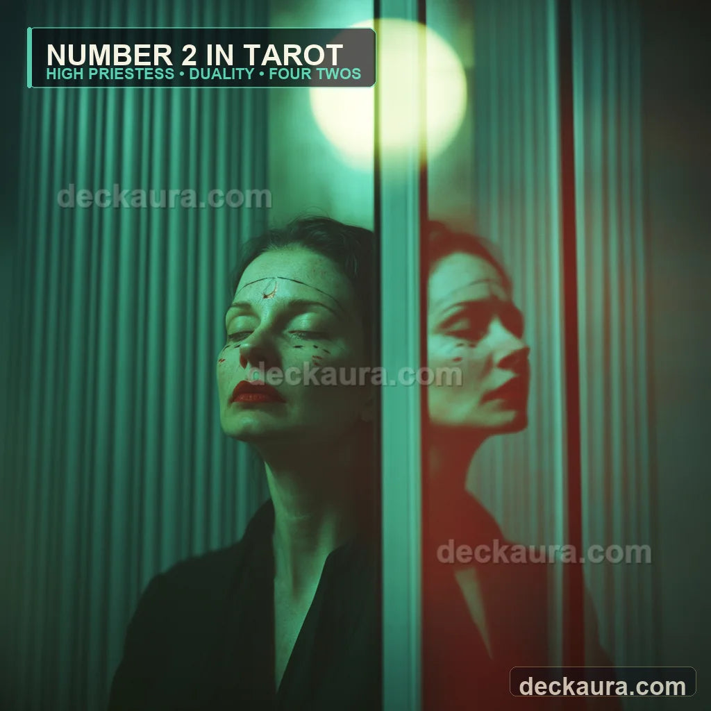 A moon-marked woman and her mirrored profile are divided by vertical pillars beneath a full moon