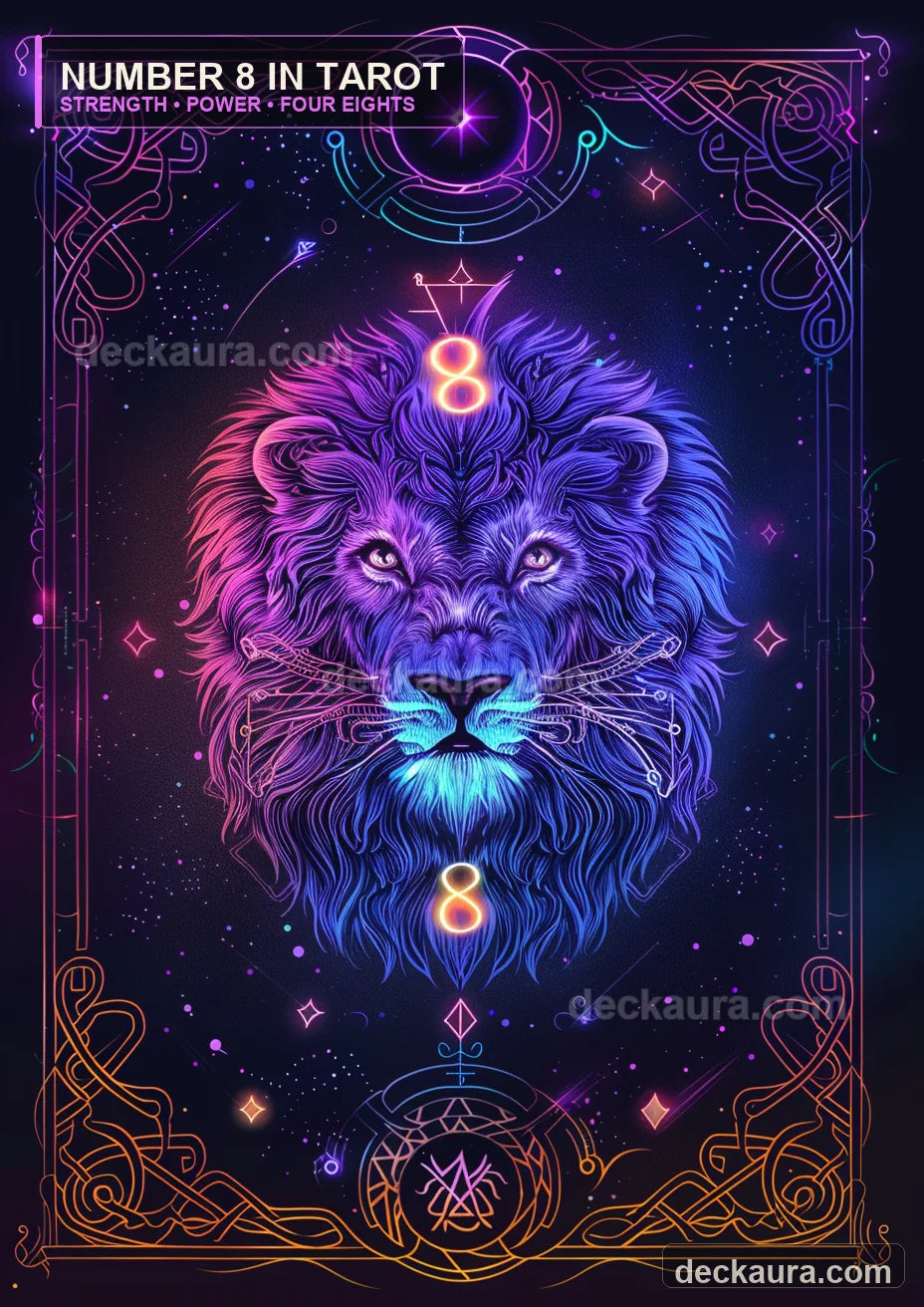 A neon lion carries two glowing infinity-shaped eights inside an ornate cosmic tarot frame