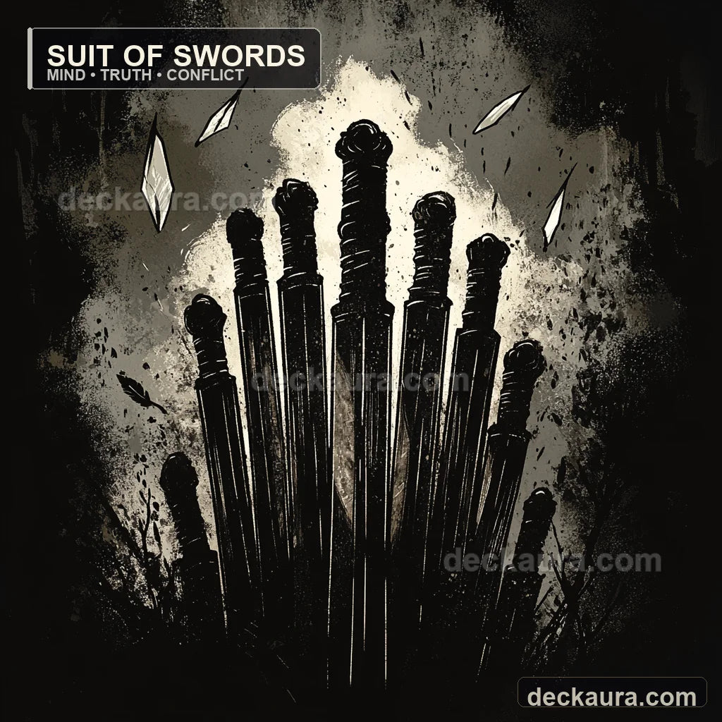 A fan of black tarot swords rises through an ashen field of sharp white fragments