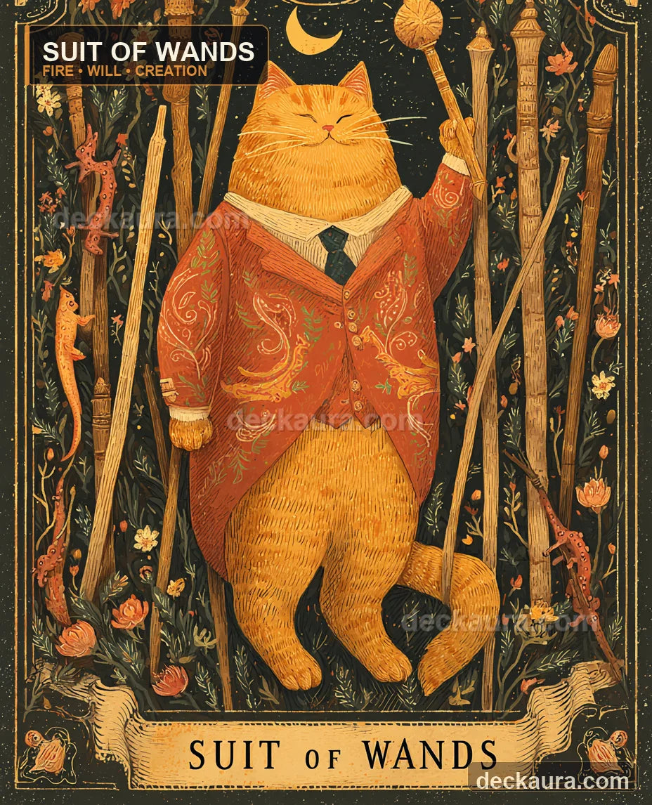 An orange cat raises a flowering wand inside an ornate tarot scene filled with staffs and fire salamanders