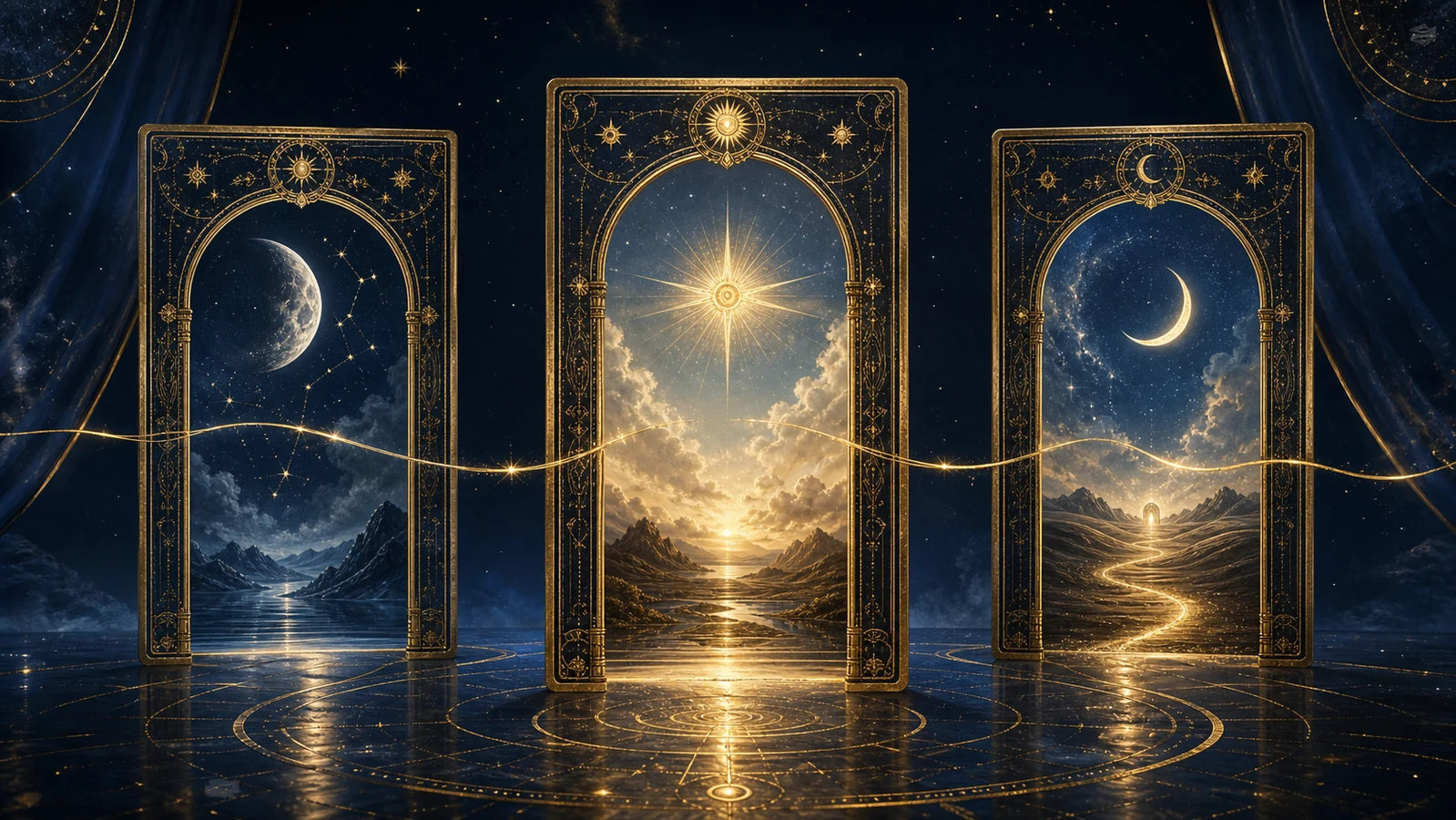 Three celestial tarot doorways representing situation, challenge and advice, connected by a golden thread