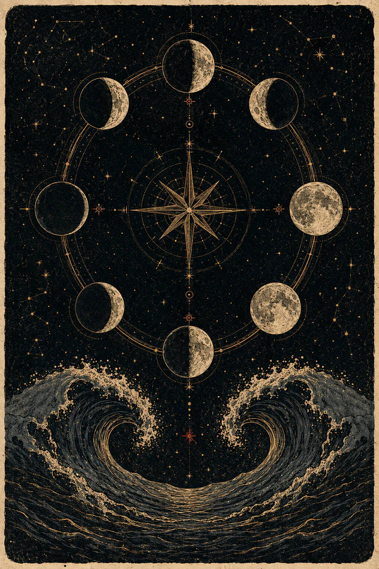 Eight moon phases circling a compass above ocean waves in a vintage lunar cycle illustration