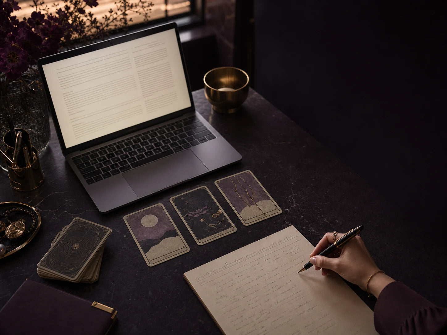 A private written tarot reading being prepared from three cards and thoughtful notes